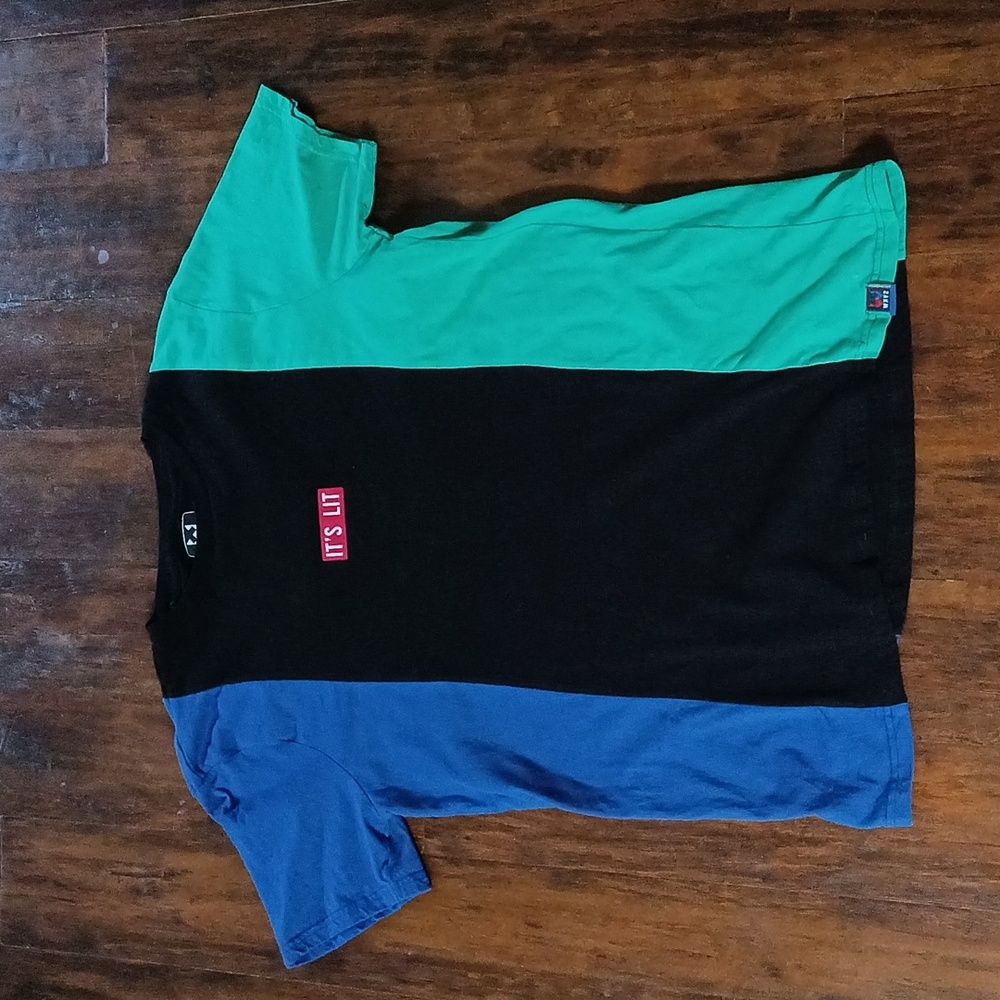 Black Blue & Green Color Block Short Sleeve Shirt with "ITS LIT" Mens Large